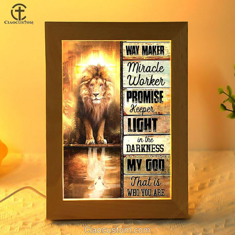 Jesus Way Maker Lion Of Judah Frame Lamp Prints - Bible Verse Wooden Lamp - Scripture Night Light