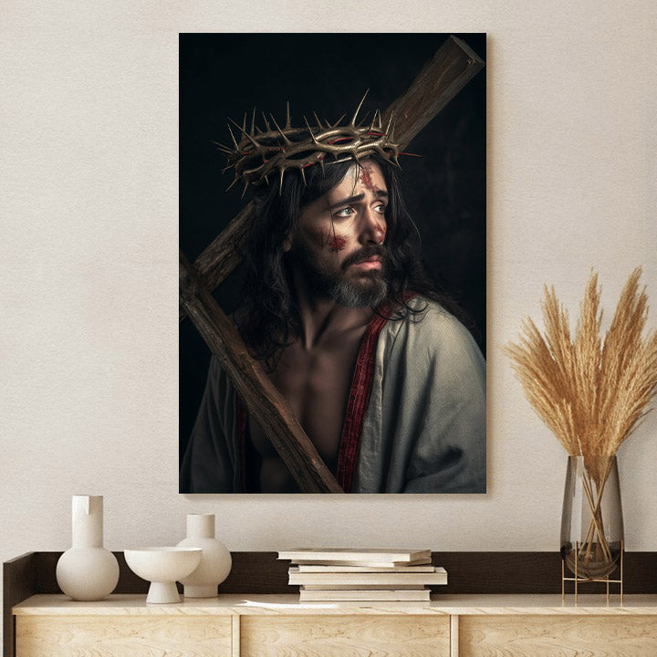 Jesus Wearing A Crown Of Thorns And Carrying The Cross - Jesus Canvas Pictures - Christian Wall Art