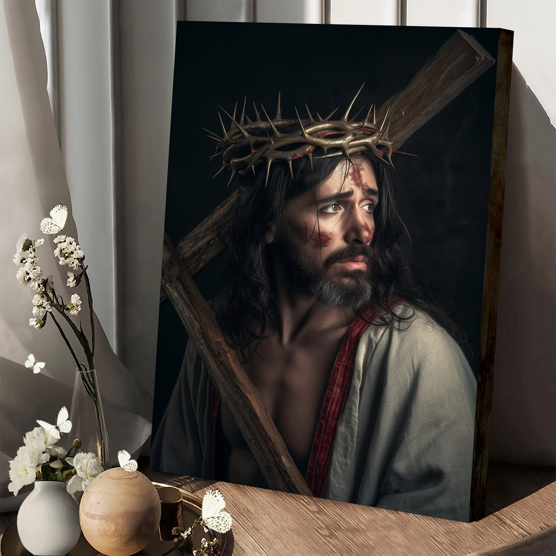 Jesus Wearing A Crown Of Thorns And Carrying The Cross - Jesus Canvas Pictures - Christian Wall Art