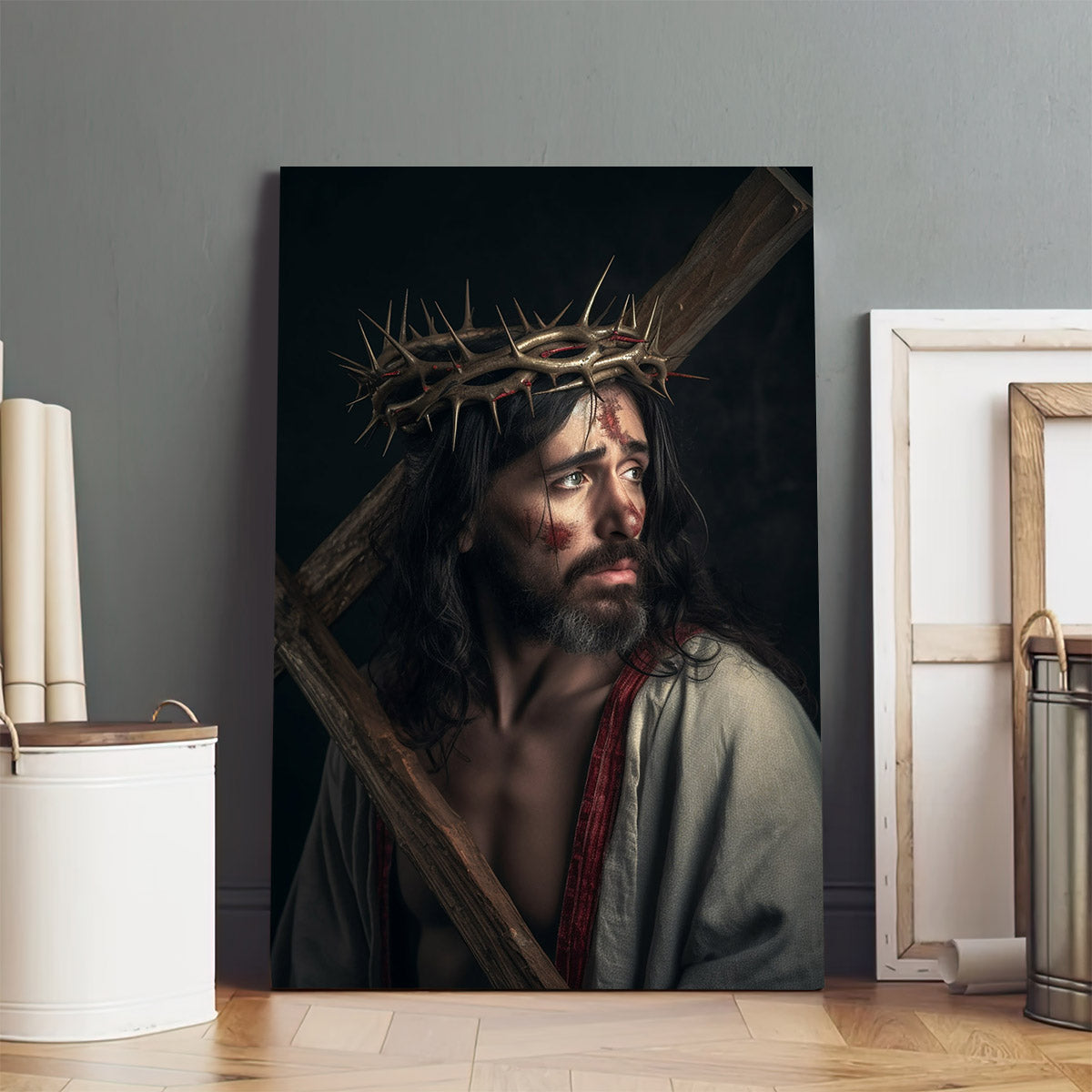 Jesus Wearing A Crown Of Thorns And Carrying The Cross - Jesus Canvas Pictures - Christian Wall Art