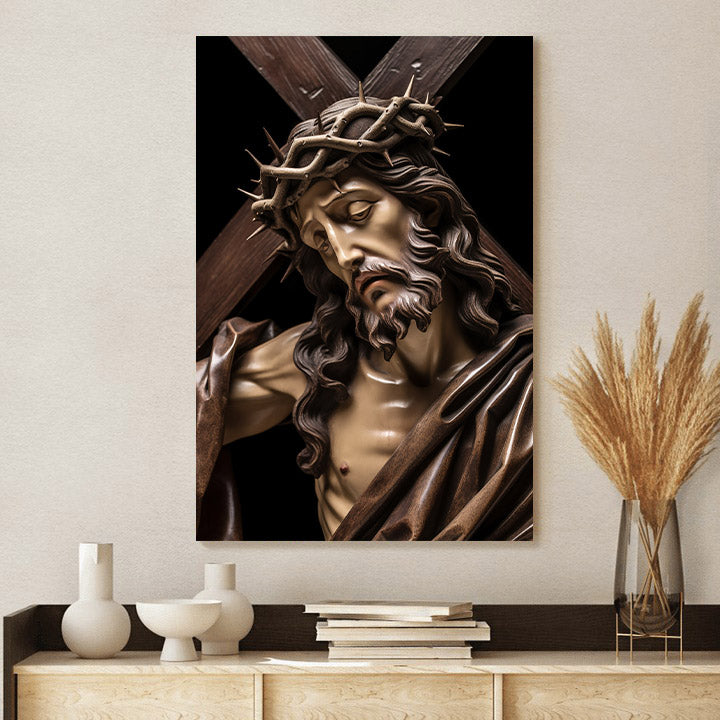 Jesus Wearing A Crown Of Thorns And Carrying The Cross 1 - Jesus Canvas Pictures - Christian Wall Art