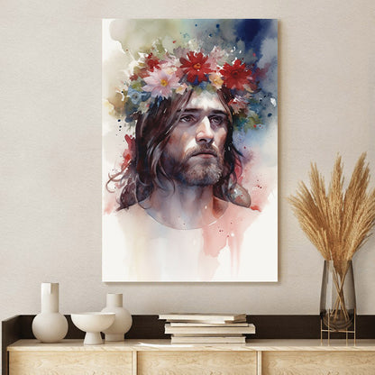 Jesus Wearing A Flower Crown In Watercolor - Canvas Picture - Jesus Christ Canvas - Christian Wall Art