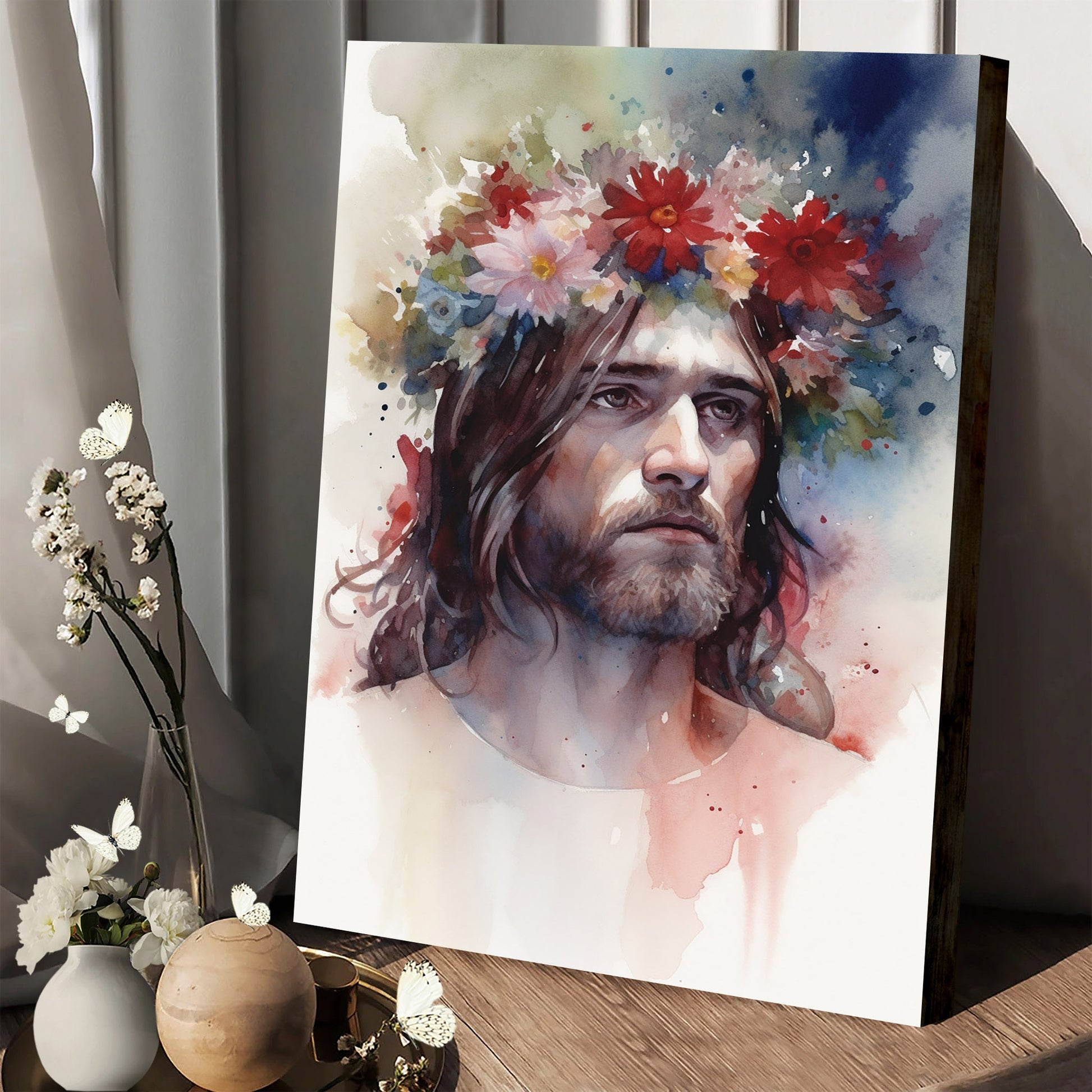 Jesus Wearing A Flower Crown In Watercolor - Canvas Picture - Jesus Christ Canvas - Christian Wall Art
