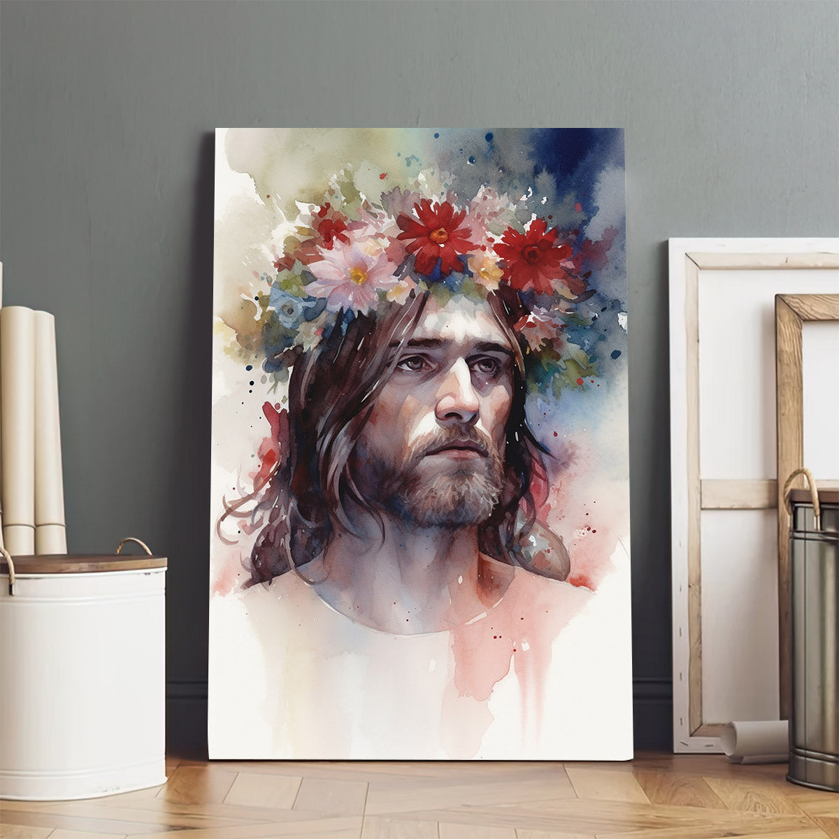 Jesus Wearing A Flower Crown In Watercolor - Canvas Picture - Jesus Christ Canvas - Christian Wall Art