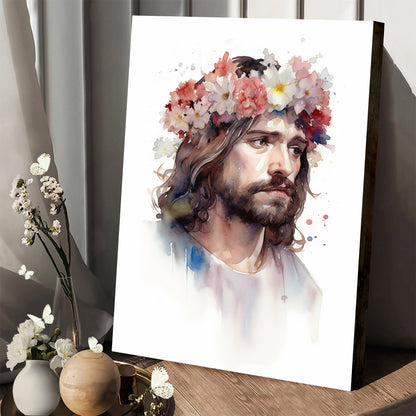 Jesus Wearing A Flower Crown In Watercolor 1 - Canvas Picture - Jesus Christ Canvas - Christian Wall Art