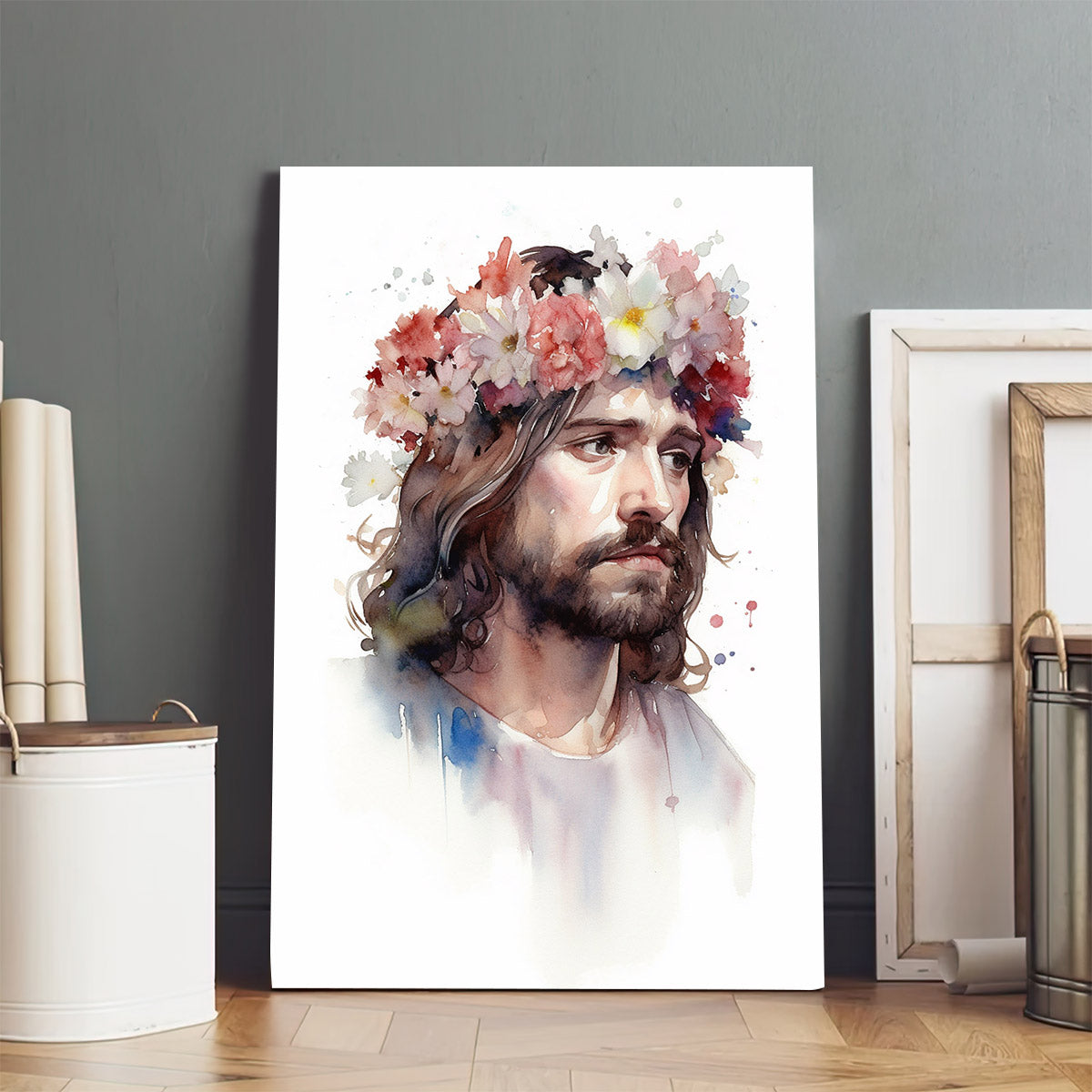 Jesus Wearing A Flower Crown In Watercolor 1 - Canvas Picture - Jesus Christ Canvas - Christian Wall Art