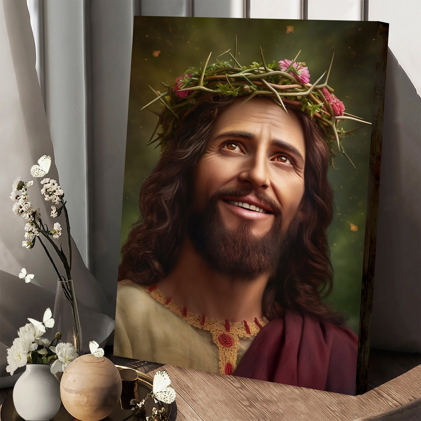 Jesus Wearing Crown Of Thorn - Jesus Smiling - Jesus Canvas Pictures - Christian Wall Art