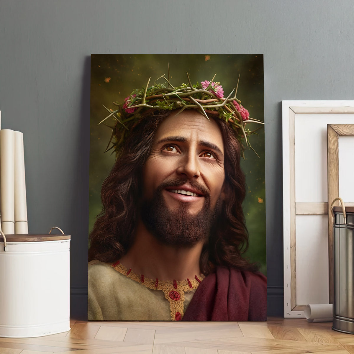 Jesus Wearing Crown Of Thorn - Jesus Smiling - Jesus Canvas Pictures - Christian Wall Art