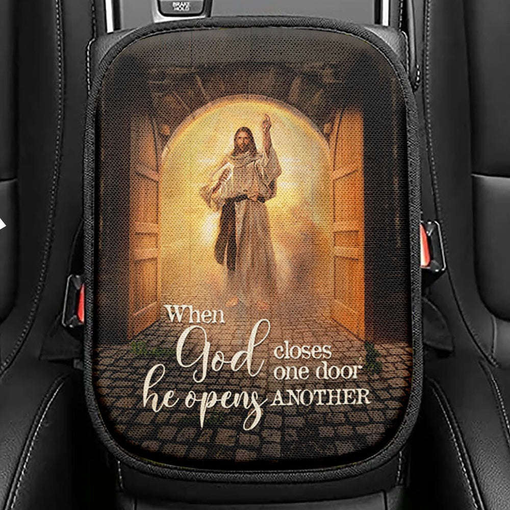 Jesus When God Closes One Door Seat Box Cover, Christian Car Center Console Cover, Bible Verse Car Interior Accessories