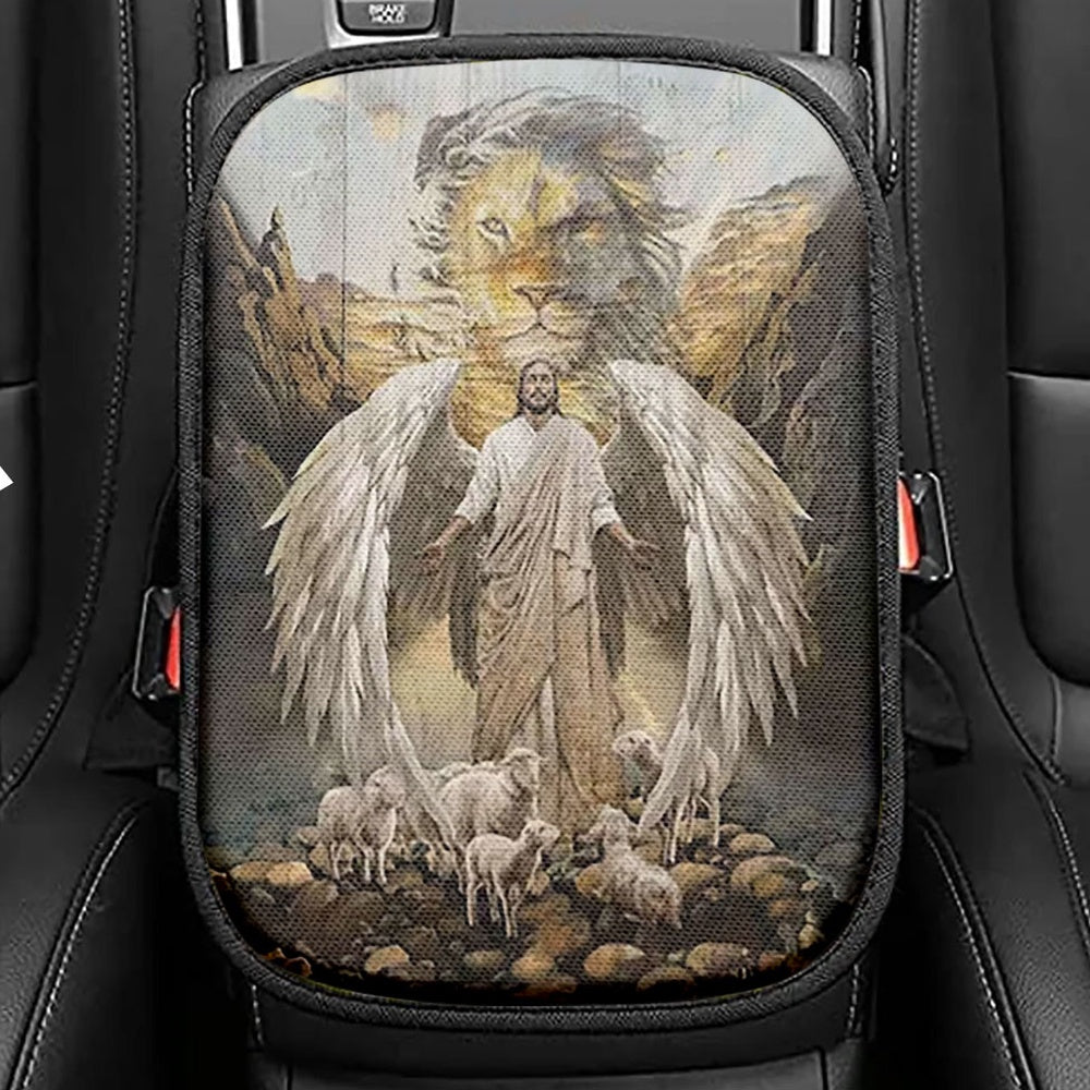 Jesus Wings Lamb Lion Seat Box Cover, Lion Car Center Console Cover, Christian Inspirational Car Interior Accessories