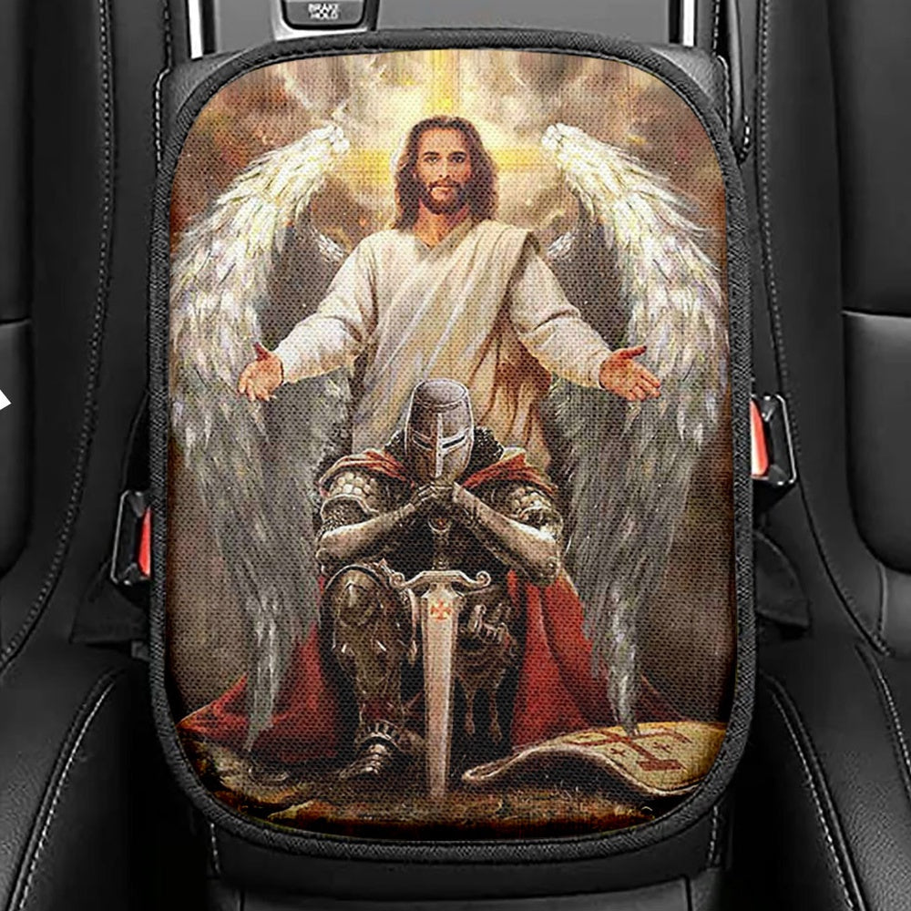 Jesus Wings Warrior Of God Seat Box Cover, Jesus Portrait Car Center Console Cover, Christian Car Interior Accessories