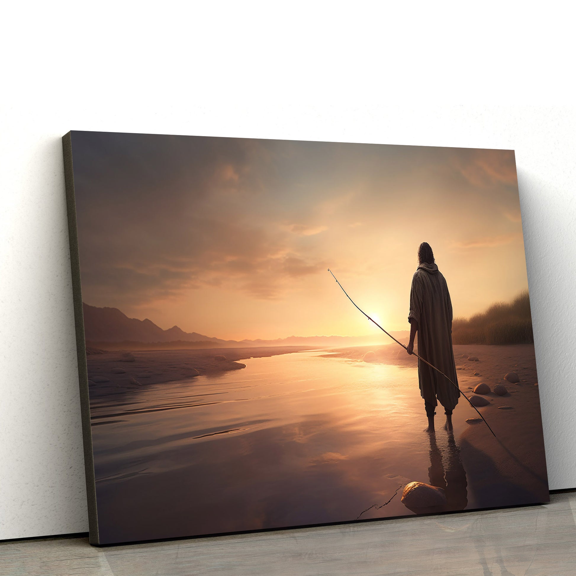 Jesus With A Fishing Pole In The Background As It Sunsets - Canvas Picture - Jesus Christ Canvas - Christian Wall Art