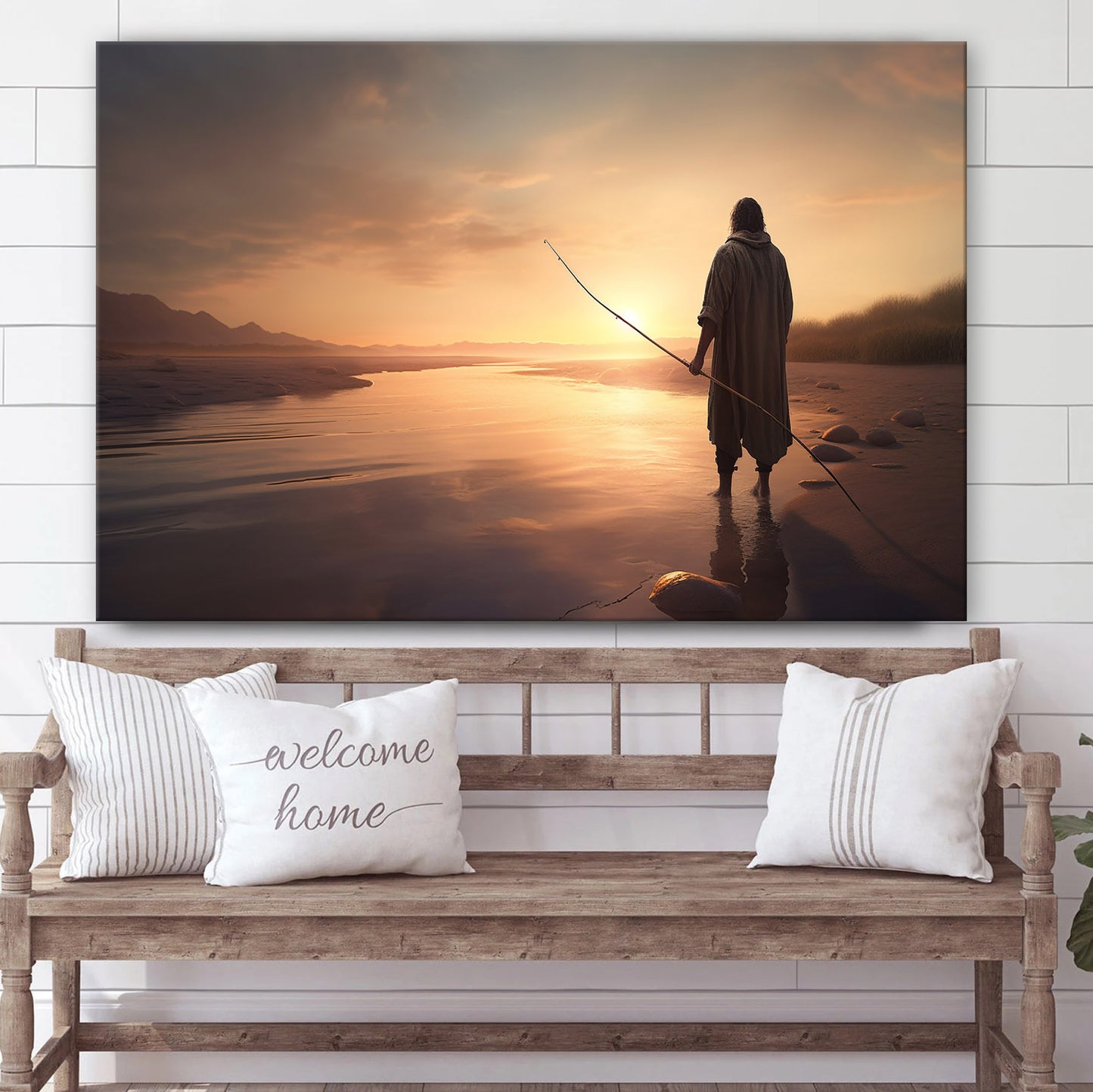 Jesus With A Fishing Pole In The Background As It Sunsets - Canvas Picture - Jesus Christ Canvas - Christian Wall Art