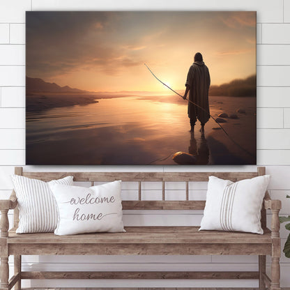 Jesus With A Fishing Pole In The Background As It Sunsets - Canvas Picture - Jesus Christ Canvas - Christian Wall Art
