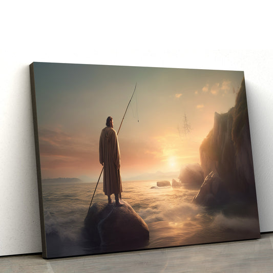 Jesus With A Fishing Pole In The Background As It Sunsets 1 - Canvas Picture - Jesus Christ Canvas - Christian Wall Art