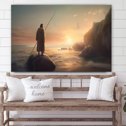 Jesus With A Fishing Pole In The Background As It Sunsets 1 - Canvas Picture - Jesus Christ Canvas - Christian Wall Art