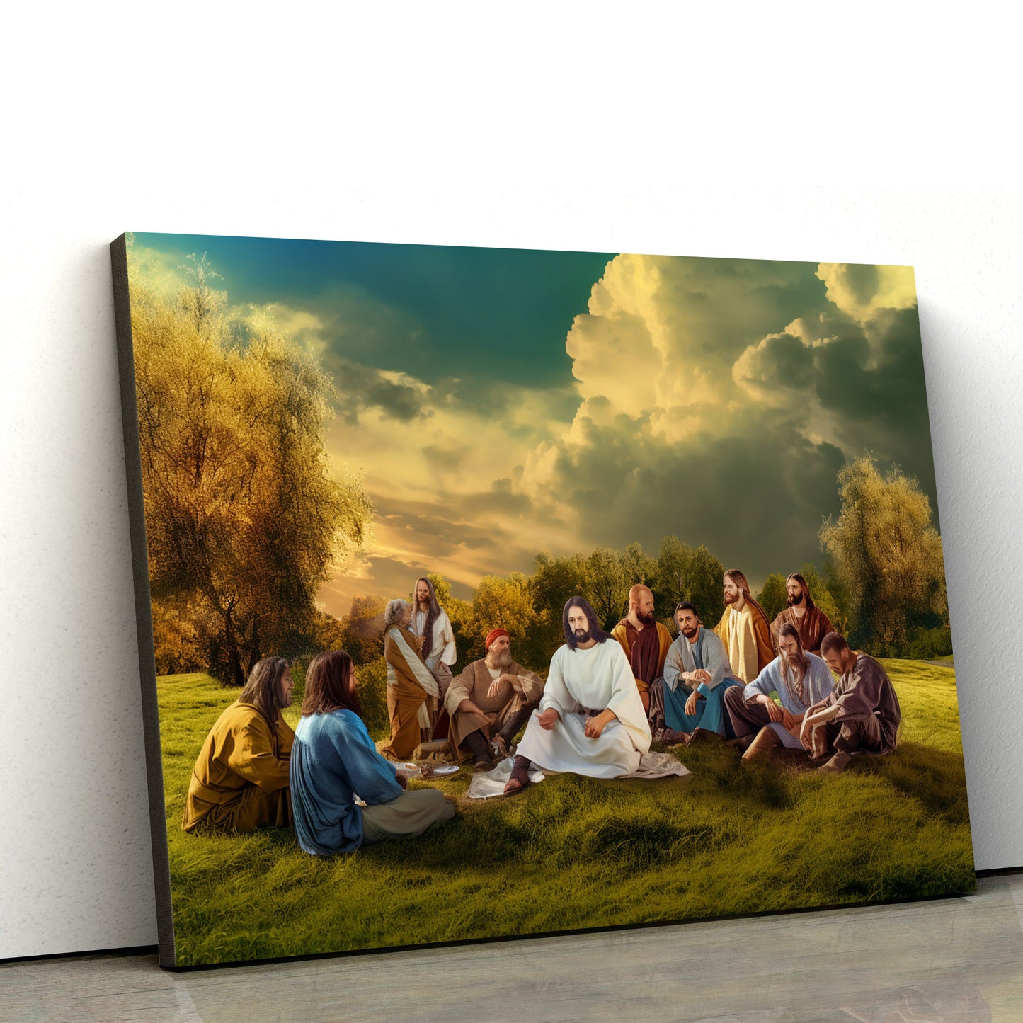 Jesus With A Group Of People And People Sitting On Grass - Canvas Picture - Jesus Christ Canvas - Christian Wall Art