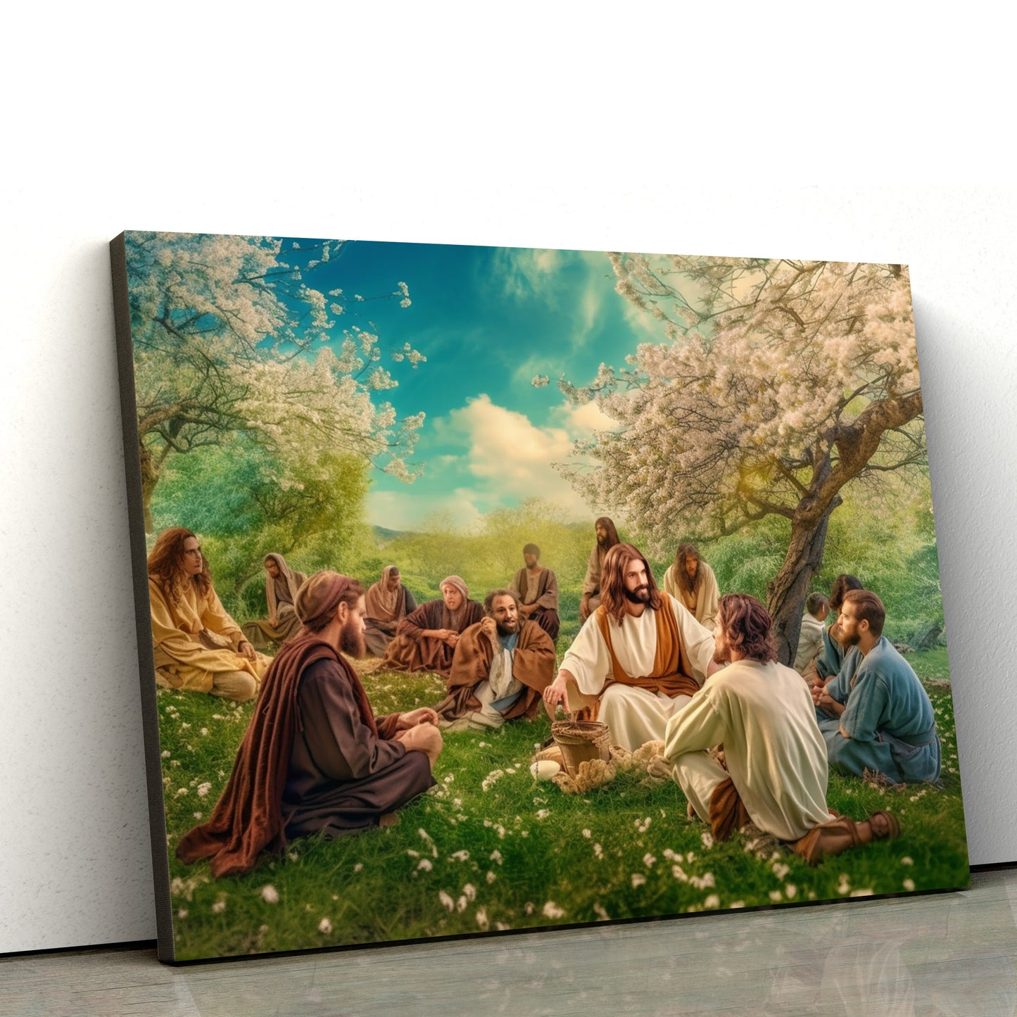 Jesus With A Group Of People And People Sitting On Grass 1 - Canvas Picture - Jesus Christ Canvas - Christian Wall Art
