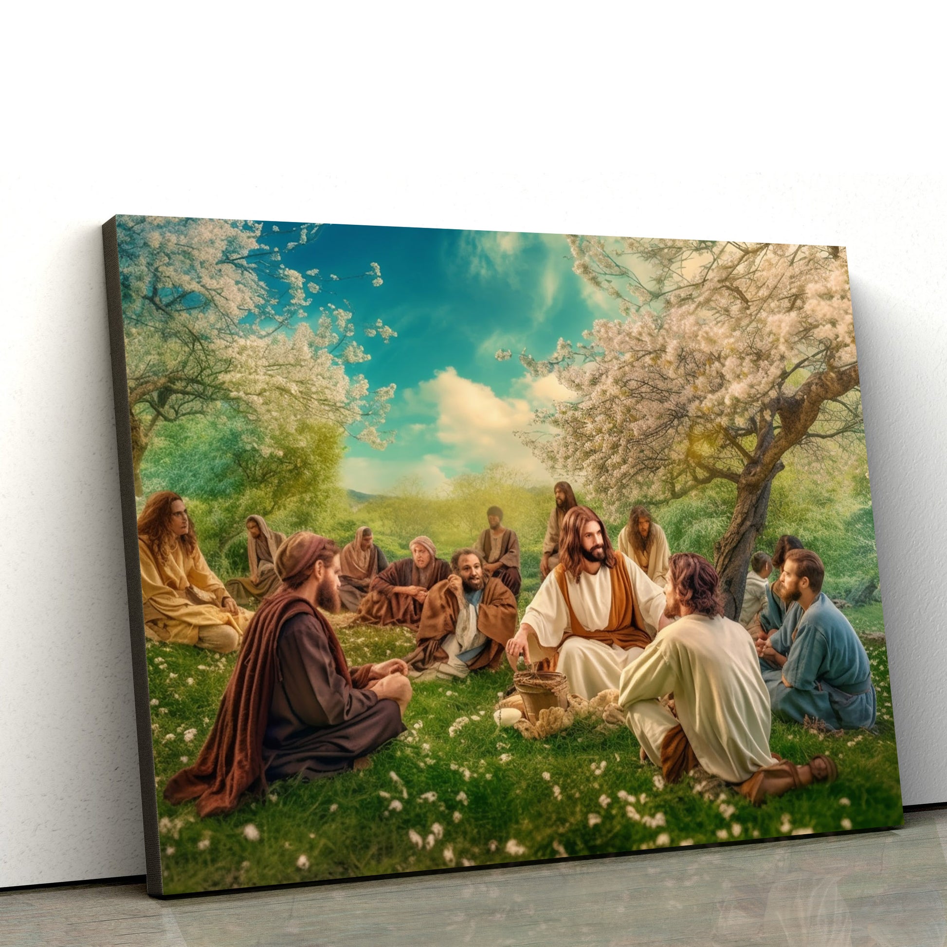 Jesus With A Group Of People And People Sitting On Grass 1 - Canvas Picture - Jesus Christ Canvas - Christian Wall Art