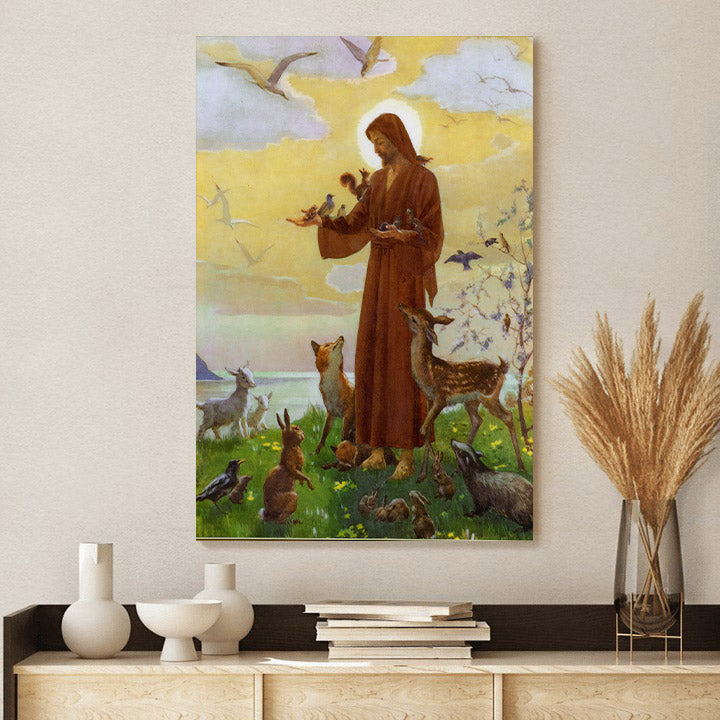 Jesus With Animals Catholic Picture - Canvas Pictures - Jesus Canvas Art - Christian Wall Art