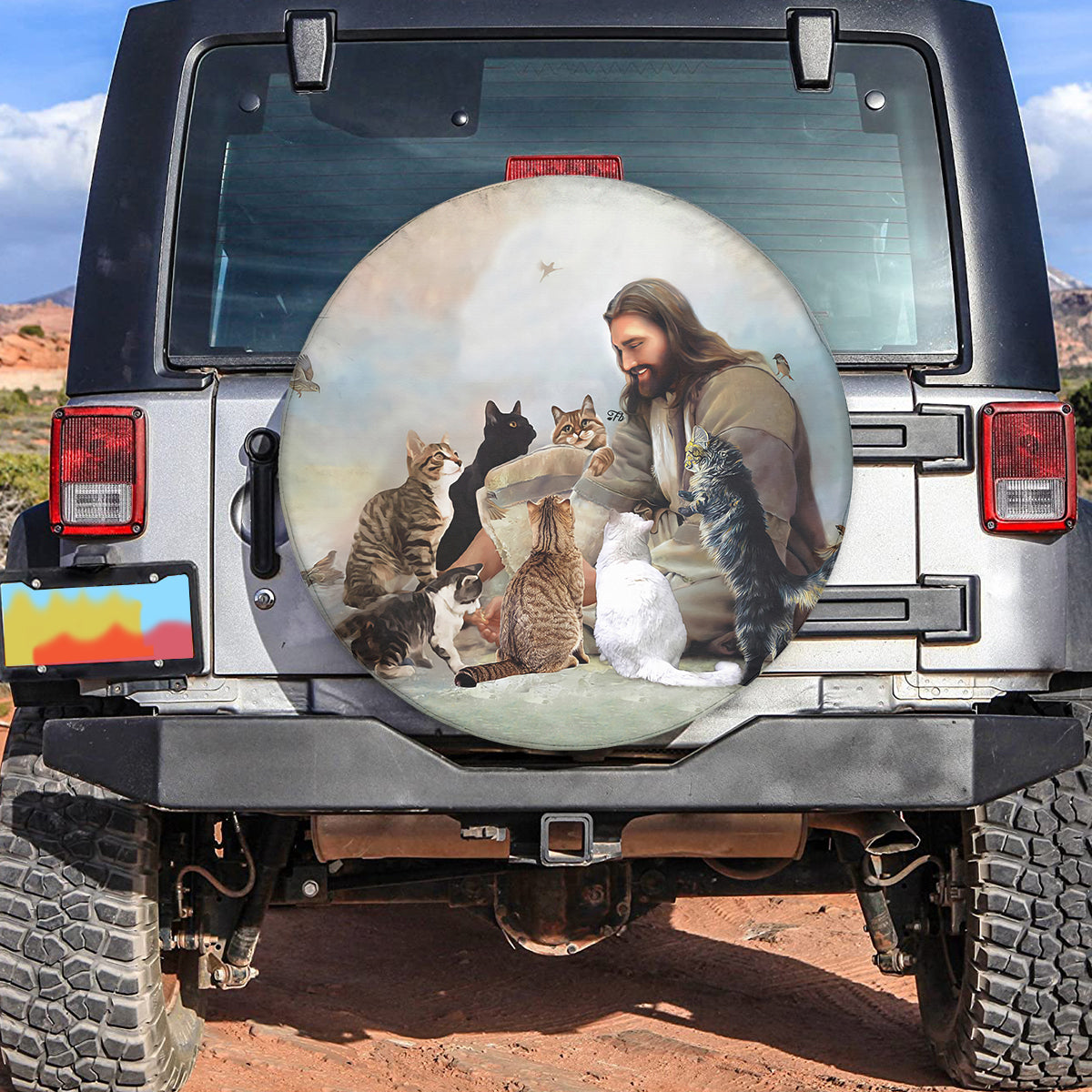 Jesus With Cats Spare Tire Cover - Jesus Saved My Life Jesus Christ The God Car Tire Protector
