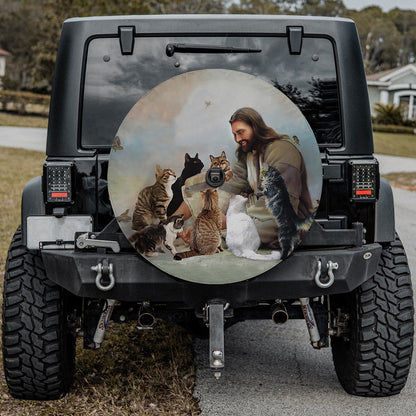 Jesus With Cats Spare Tire Cover - Jesus Saved My Life Jesus Christ The God Car Tire Protector
