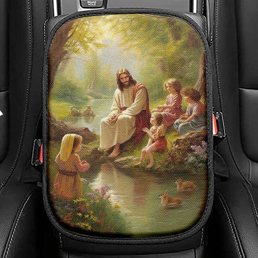 Jesus With Children Seat Box Cover, Jesus Car Center Console Cover, Christian Car Interior Accessories