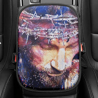Jesus With Crown Of Thorns Seat Box Cover, Jesus Christ Car Center Console Cover, Christian Car Interior Accessories