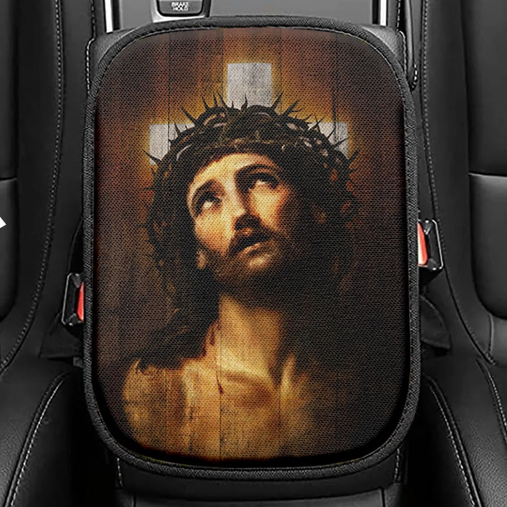 Jesus With Crown Of Thorns White Cross Seat Box Cover, Jesus Portrait Car Center Console Cover, Christian Car Interior Accessories
