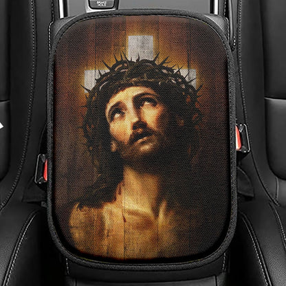 Jesus With Crown Of Thorns White Cross Seat Box Cover, Jesus Portrait Car Center Console Cover, Christian Car Interior Accessories