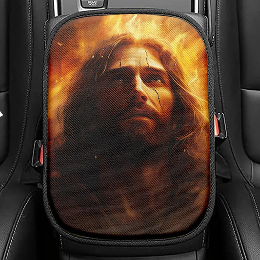 Jesus With Fire Seat Box Cover, Jesus Car Center Console Cover, Christian Car Interior Accessories