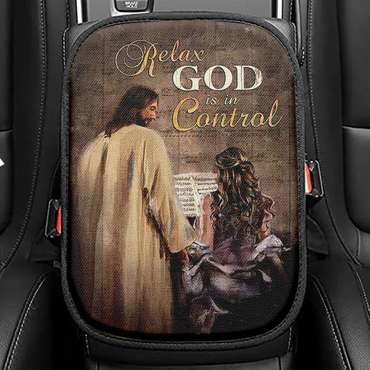 Jesus With Girl God Is In Control Seat Box Cover, Jesus Portrait Car Center Console Cover, Christian Car Interior Accessories