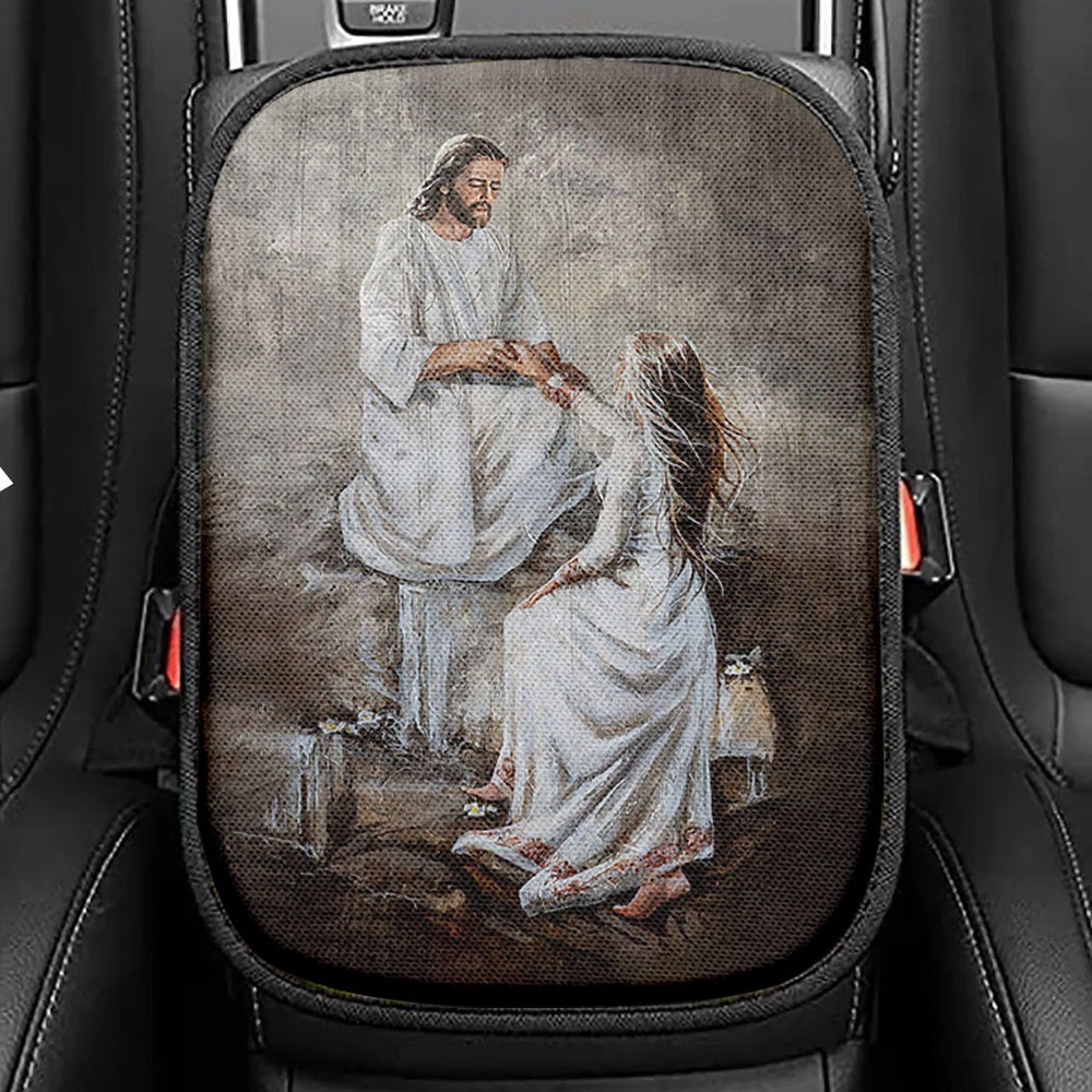 Jesus With Girl Walking With Jesus Seat Box Cover, Jesus Portrait Car Center Console Cover, Christian Car Interior Accessories