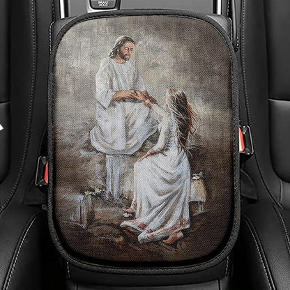 Jesus With Girl Walking With Jesus Seat Box Cover, Jesus Portrait Car Center Console Cover, Christian Car Interior Accessories