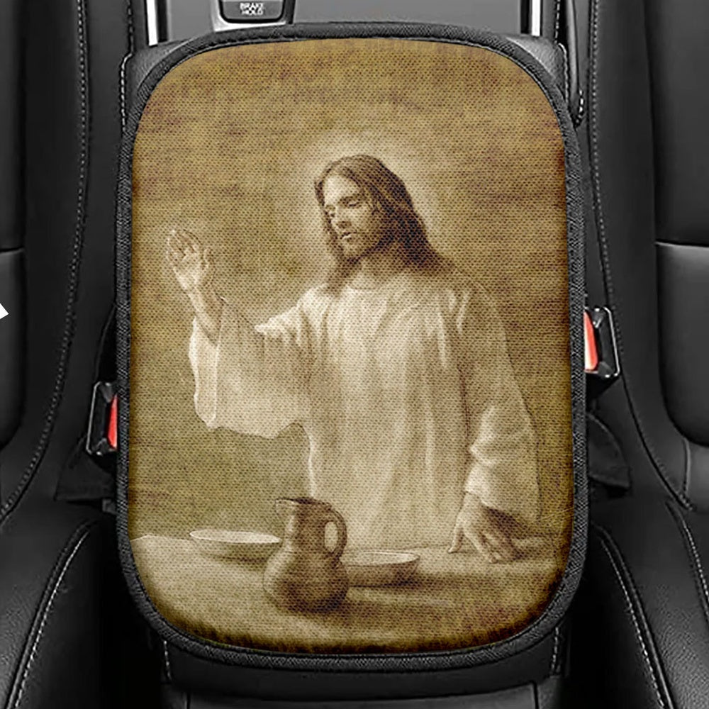 Jesus With His Hand Up Painting - In Remembrance Seat Box Cover, Christian Car Center Console Cover, Jesus Interior Car Accessories