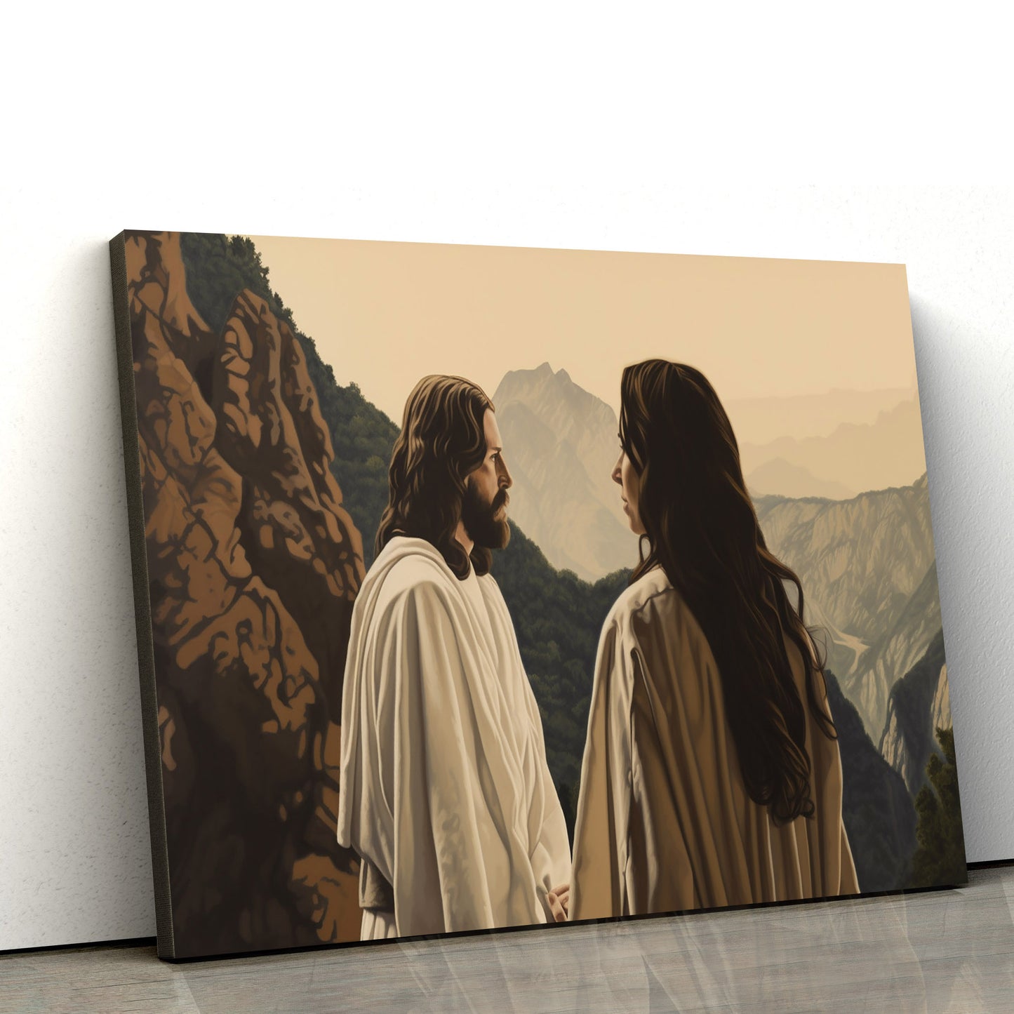 Jesus With His Wife At A Mountain Scene - Canvas Picture - Jesus Christ Canvas - Christian Wall Art