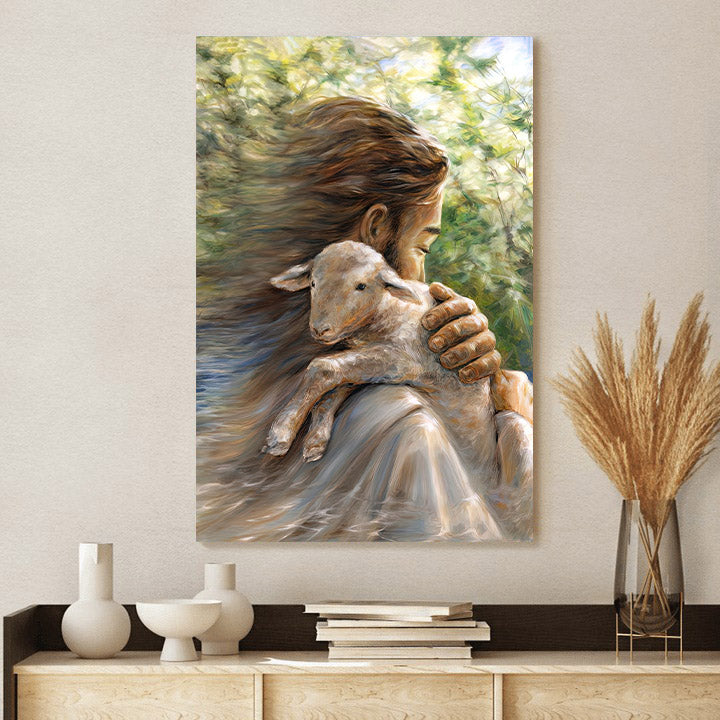 Jesus With Lamb Over Shoulder Canvas Pictures - Jesus Canvas Painting - Christian Canvas Prints