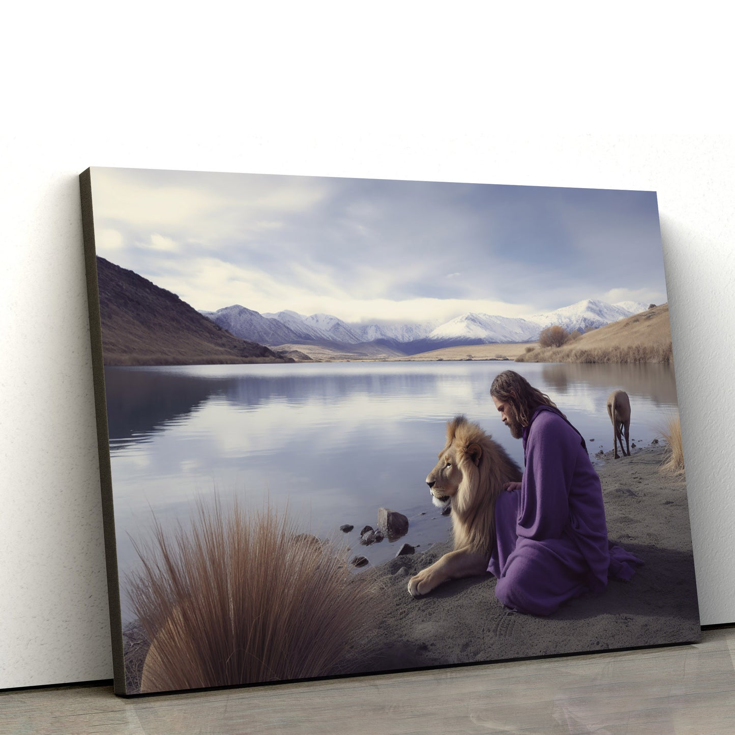 Jesus With Lion By Lake - Canvas Picture - Jesus Christ Canvas - Christian Wall Art