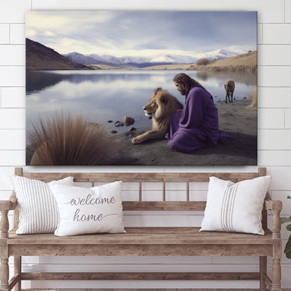 Jesus With Lion By Lake - Canvas Picture - Jesus Christ Canvas - Christian Wall Art