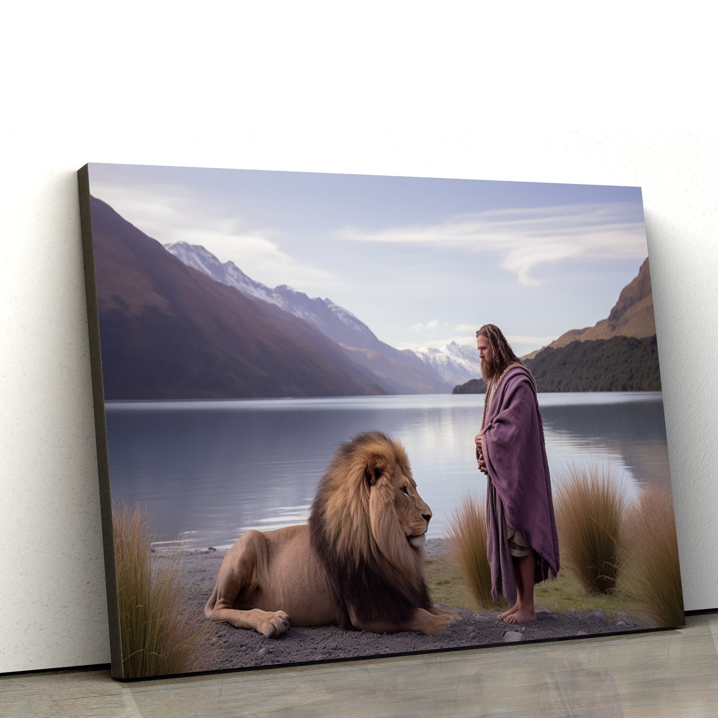Jesus With Lion By Lake 1 - Canvas Picture - Jesus Christ Canvas - Christian Wall Art