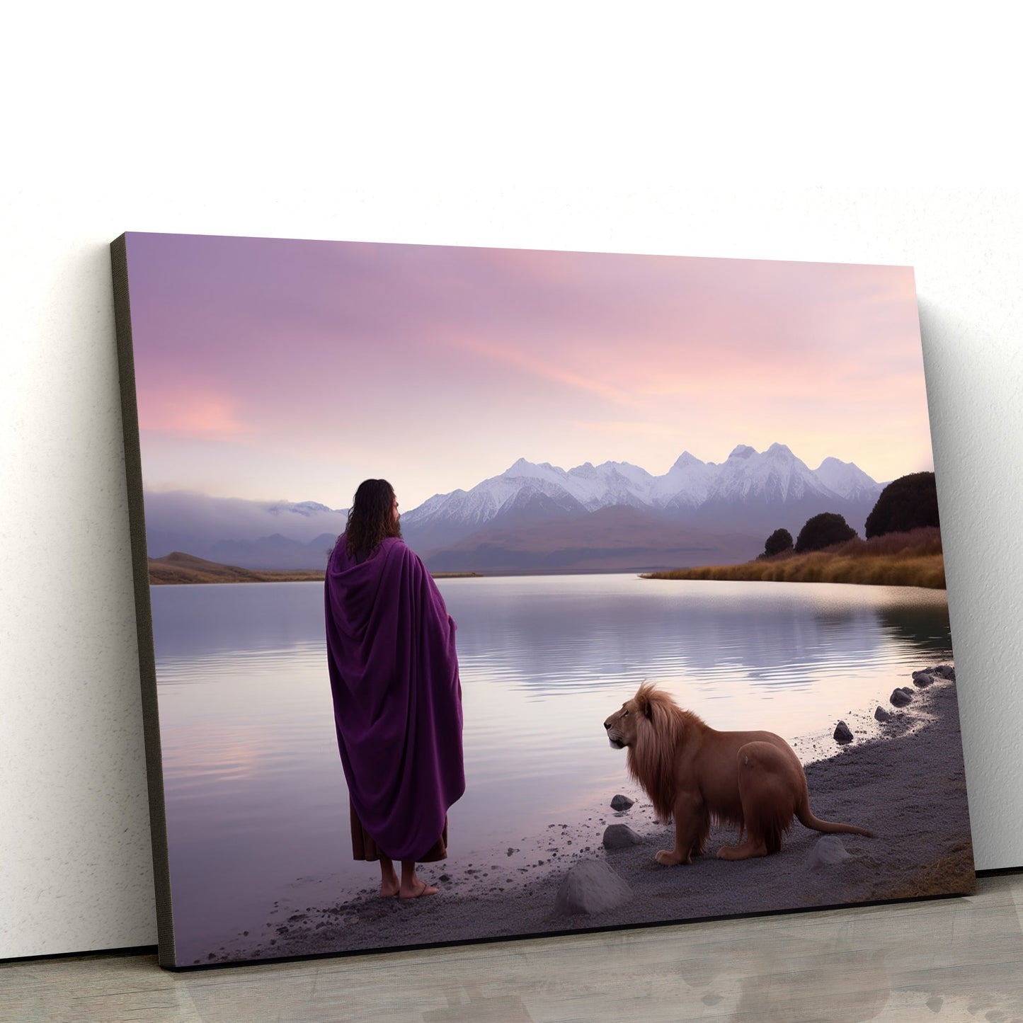 Jesus With Lion By Lake 2 - Canvas Picture - Jesus Christ Canvas - Christian Wall Art