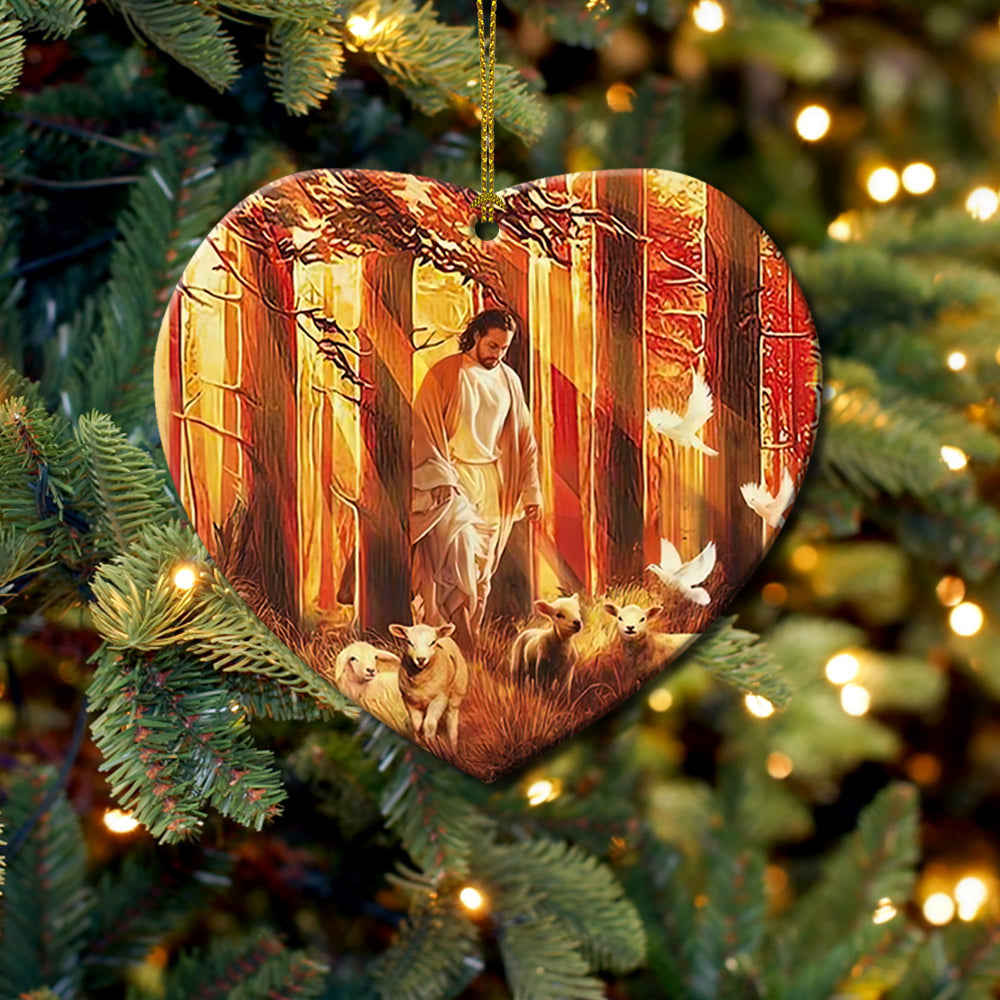 Jesus With Sheep Faith Heart Ceramic Ornament - Christmas Ornament - Christmas Gift