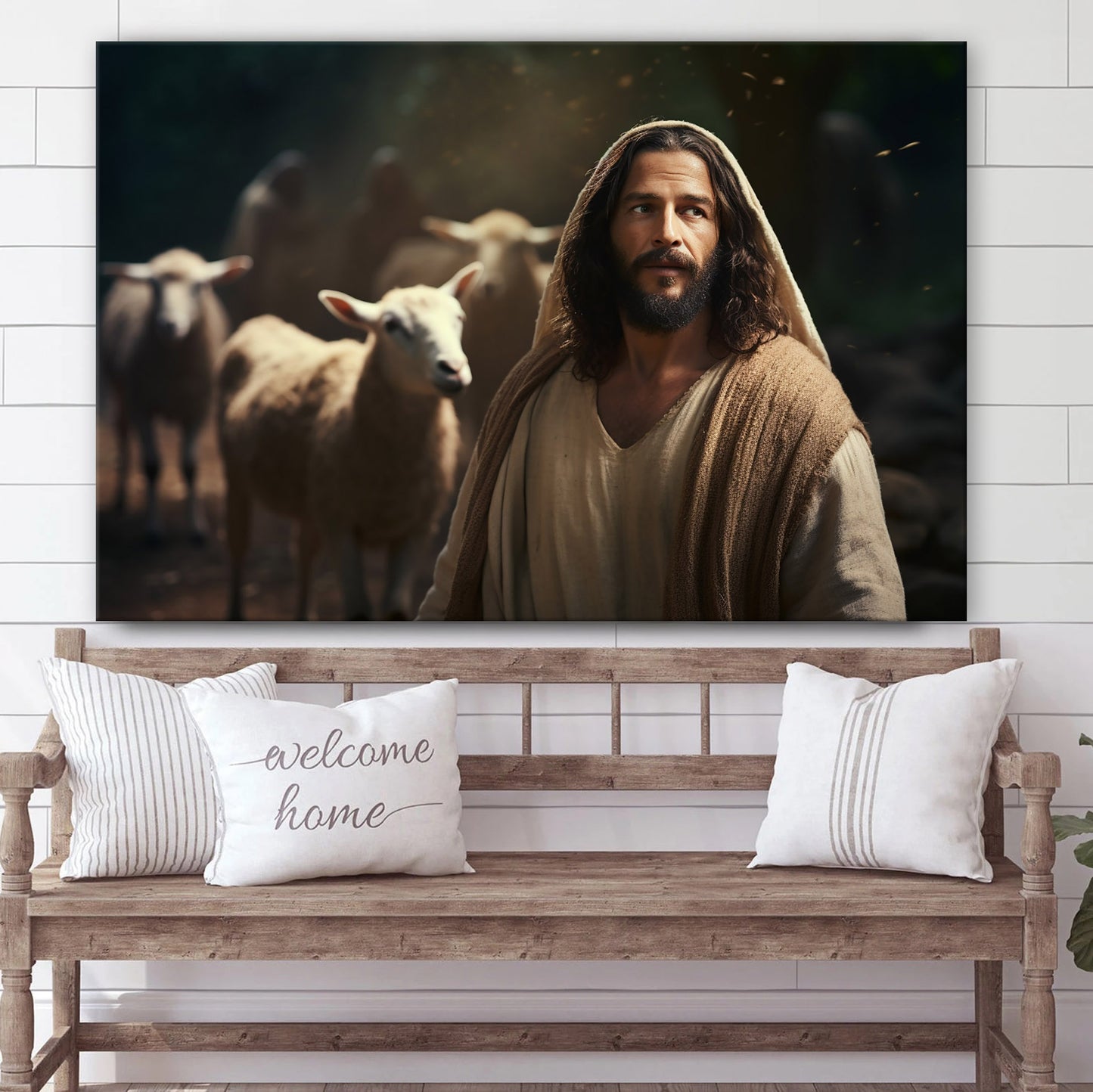 Jesus With Sheep Is Shown Near A Path - Canvas Picture - Jesus Christ Canvas - Christian Wall Art