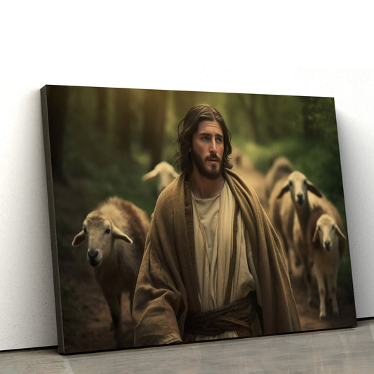 Jesus With Sheep Is Shown Near A Path 3 - Canvas Picture - Jesus Christ Canvas - Christian Wall Art