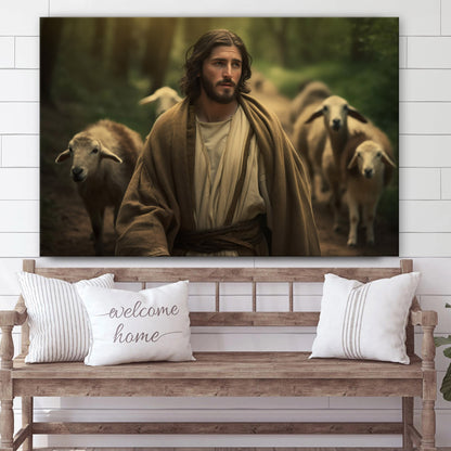 Jesus With Sheep Is Shown Near A Path 3 - Canvas Picture - Jesus Christ Canvas - Christian Wall Art