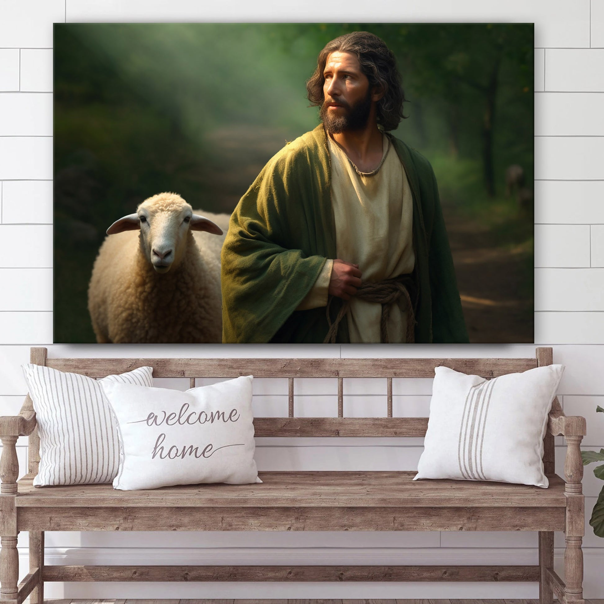 Jesus With Sheep Is Shown Near A Path 5 - Canvas Picture - Jesus Christ Canvas - Christian Wall Art