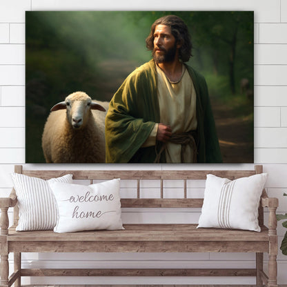 Jesus With Sheep Is Shown Near A Path 5 - Canvas Picture - Jesus Christ Canvas - Christian Wall Art