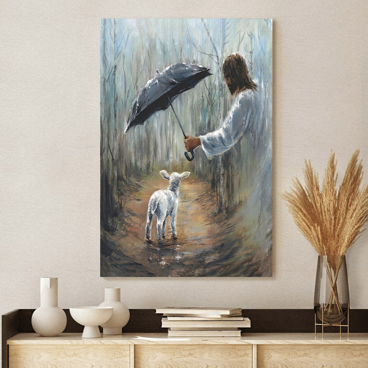 Jesus With Umbrella Leading A Lamb Canvas Pictures - Jesus Canvas Painting - Christian Canvas Prints
