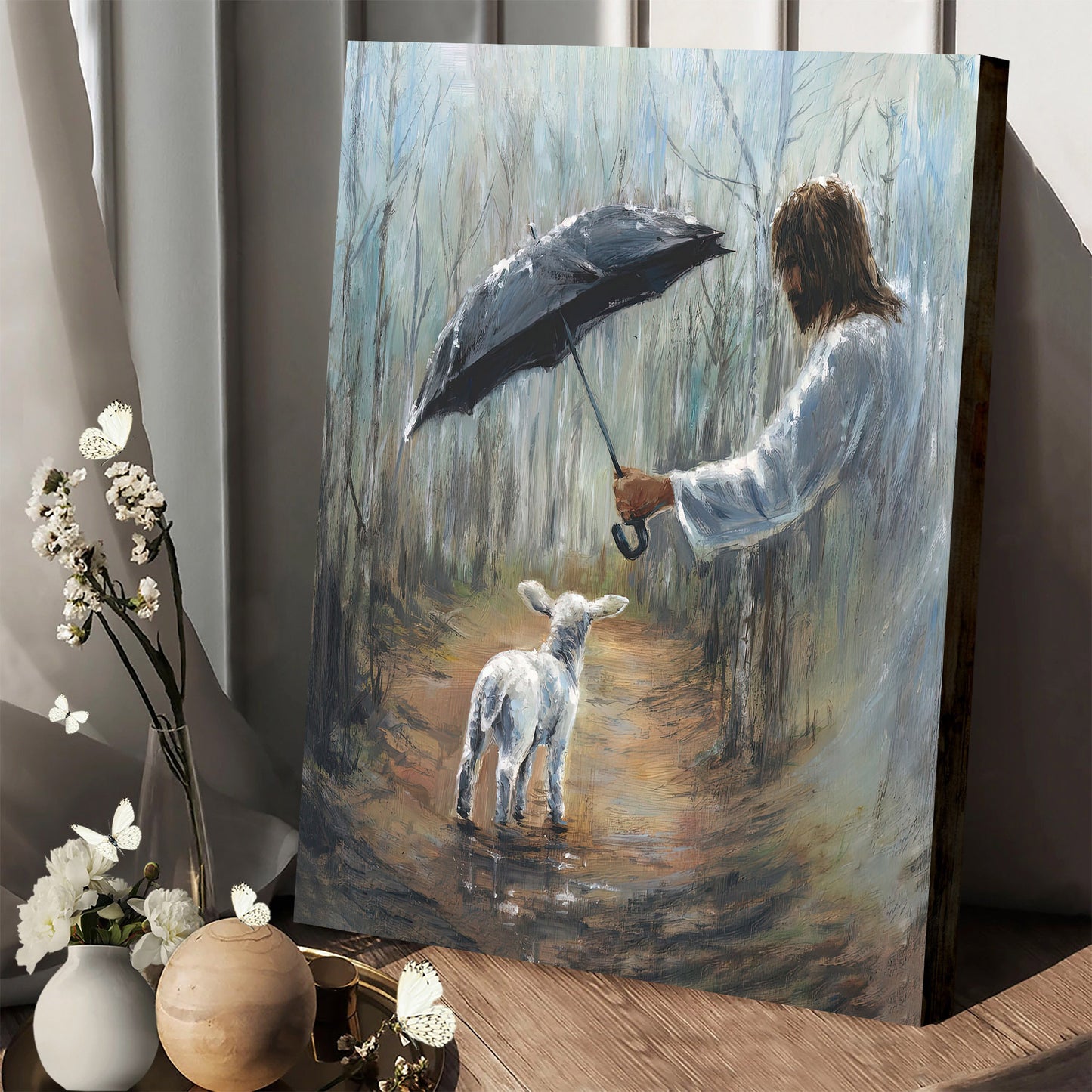 Jesus With Umbrella Leading A Lamb Canvas Pictures - Jesus Canvas Painting - Christian Canvas Prints