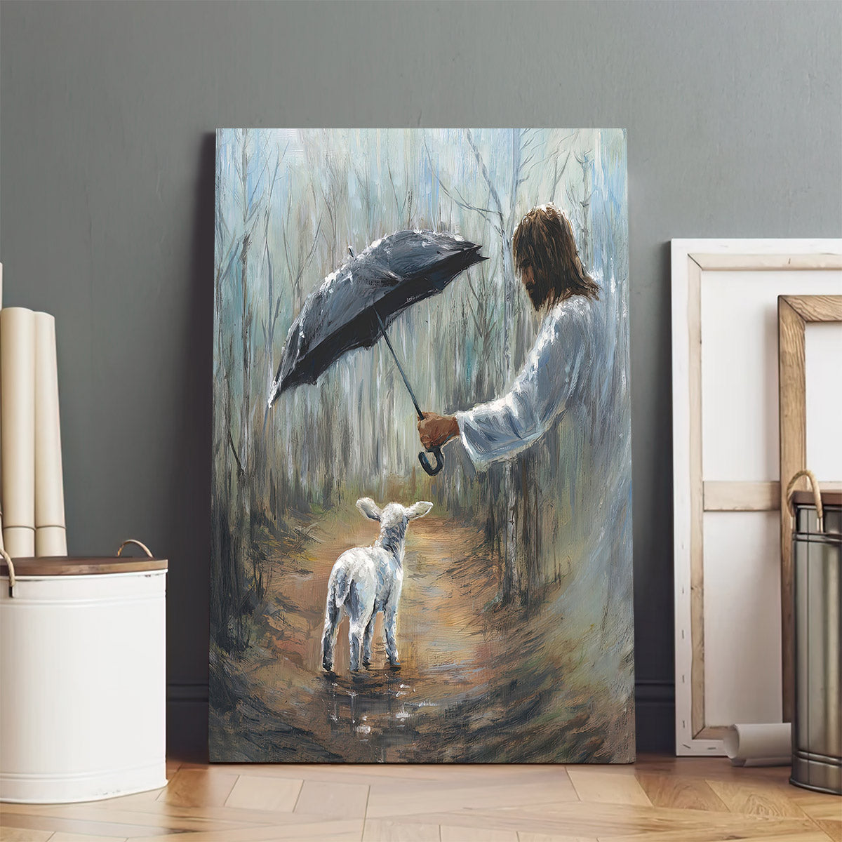 Jesus With Umbrella Leading A Lamb Canvas Pictures - Jesus Canvas Painting - Christian Canvas Prints